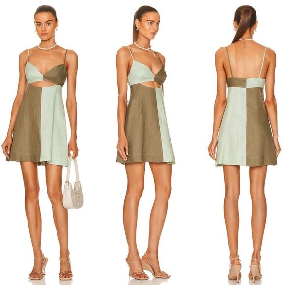 MATTHEW BRUCH Kimmie Colorblock Mini Dress in Sage and Army - Picture 1 of 13